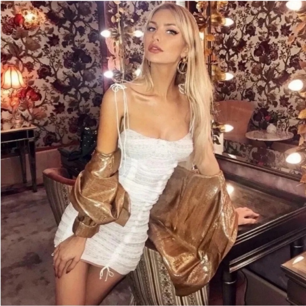 For Love & Lemons Fondant Ruched Lace Bustier Mini Dress White